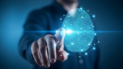 Digital fingerprint scan with glowing blue lines and a blurred person in background