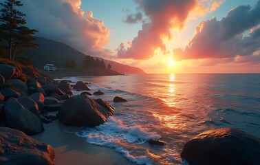 Bright Colorful Sunset Seascape with Tranquil Flowing Water Dynamic Clouds and Mountain Glow