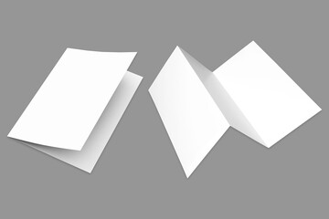 Two premium blank brochures, trifold and  bi-fold displayed on a grey background.3d rendering.