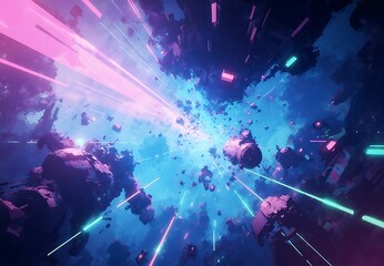 Bright Cyberpunk Cosmic Galaxy with Floating Fragmented Objects and Glowing Purple Magenta Beams