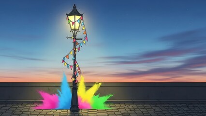 Obraz premium Festive street lamp illuminated with colorful powder and celebratory flags under a twilight sky illustration