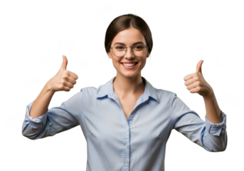 Smiling young woman wearing glasses and a light blue button up shirt giving two thumbs up gesture of approval isolated on transparent background