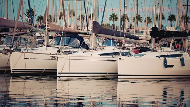 A dense line of white sailboats is moored side by side in a marina
