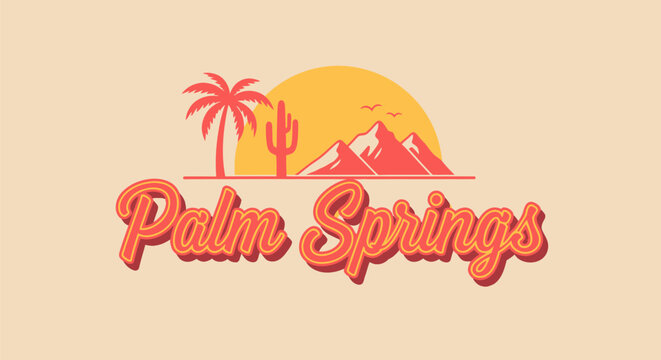 Retro Palm Springs desert landscape graphic with a vibrant sunset, iconic palm tree, cactus, and majestic mountains.