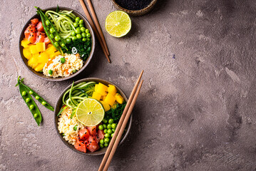 Healthy bowl with salmon and vegetables