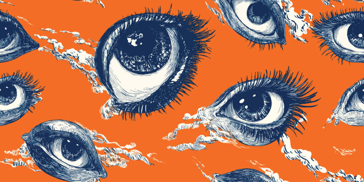 Bold engraving-style human eyes seamless pattern on a vibrant orange background for edgy fashion fabrics, expressive branding, and dramatic packaging