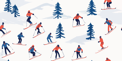 Cotton fabric Energetic downhill skier and pine tree seamless pattern for winter fabrics, sportswear, and cold-weather packaging