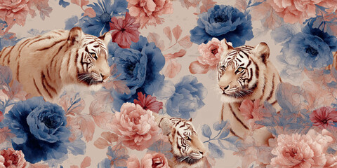 Dramatic white tiger head and large peony floral seamless pattern for luxurious fashion fabrics, opulent wallpaper, and sophisticated branding