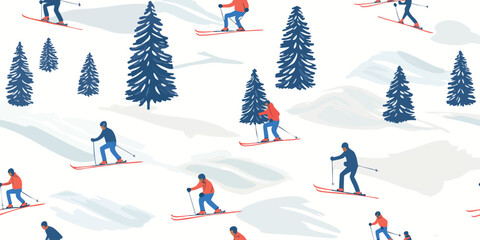 Energetic downhill skier and pine tree seamless pattern for winter fabrics, sportswear, and cold-weather packaging
