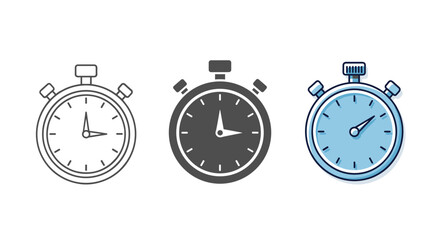 Three stopwatch icons in different styles isolated on white background outline, filled, and color version, representing time, speed, and deadline