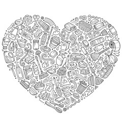 Set of Cleaning cartoon doodle objects. Heart form composition