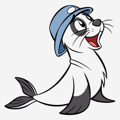Cute cartoon seal wearing a blue hat and smiling