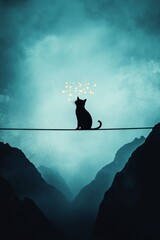Cat Sitting on a Wire With Glowing Sparks in a Misty Mountain Background at Night