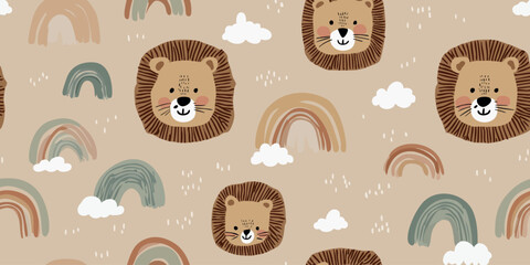 Cute cartoon lion heads and rainbow seamless pattern in earthy neutral tones for nursery fabrics, children's stationery, and cozy home decor
