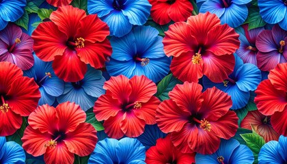 Colorful Hibiscus Flower Arrangement in Red Blue and Purple for Editorial Styling and Botanical Design Themes