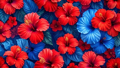 Colorful Hibiscus Flower Arrangement in Red Blue and Purple for Editorial Styling and Botanical Design Themes