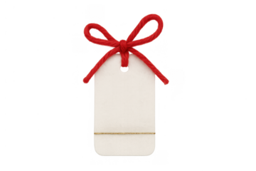 Blank gift tag with red rope bow and jute string, providing space for custom message on transparent background