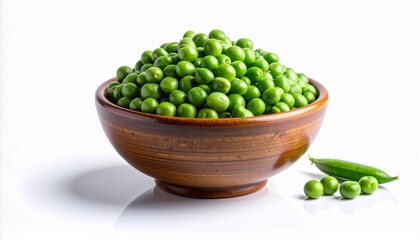 Ceramic Bowl of Fresh Green Peas on White Surface for Editorial Styling and Culinary Wellness Themes