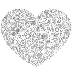 Set of medical cartoon doodle objects. Heart form composition