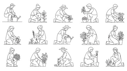 Obraz premium Crouching Farmers and Garden Workers | Clean Line Vector