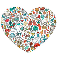 Set of medical cartoon doodle objects. Heart form composition