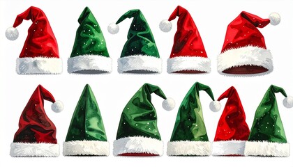 Red and Green Santa Hats in Festive Row on Wooden Surface for Editorial Styling and Christmas Celebration Themes