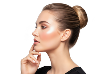 Elegant woman s profile with hair in a bun and subtle makeup isolated on transparent background