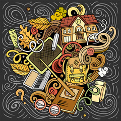 Vector chalkboard illustration of school and education objects