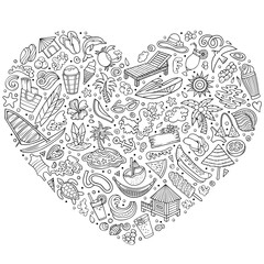 Set of Summer Beach cartoon doodle objects. Heart form composition