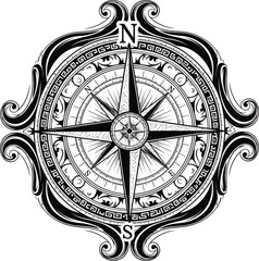 Ornamental Compass Rose Vintage Navigation Vector