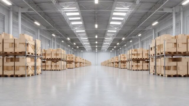 Spacious modern warehouse interior with neatly organized wooden pallets and boxes stacked for efficient storage solutions 4k video footage