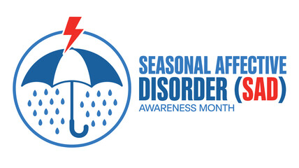 Seasonal Affective Disorder SAD Awareness Month December poster with rain umbrella icon, winter depression mental health campaign