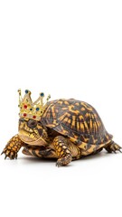 Obraz premium turtle wearing a gold ornate crown, queen or king crown, on a white background, animal photo