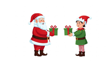Christmas Cheer: Santa and Elf Exchange Presents: A festive scene unfolds as Santa Claus and a cheerful elf exchange beautifully wrapped gifts, embodying the spirit of generosity.