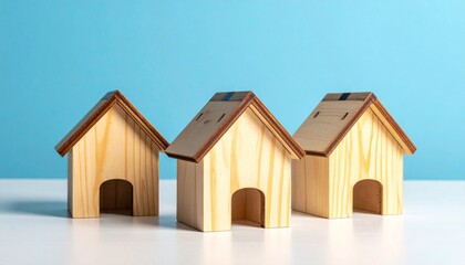 Three Wooden House Models on White Surface with Blue Background for Editorial Styling and Real Estate Themes