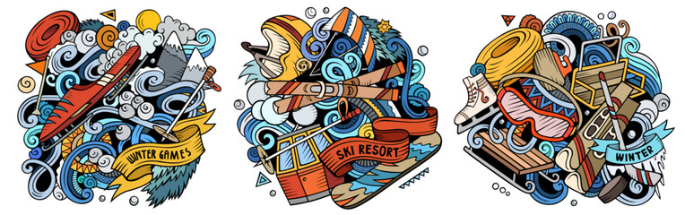 Ski Resort cartoon doodles illustrations set