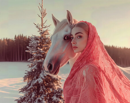 Woman standing with a white horse in a snowy winter landscape.