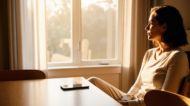 Thoughtful woman sitting at table by window in warm evening light  