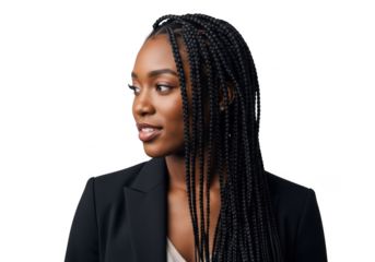 Professional african american woman with braids wearing a blazer looking to the side isolated on transparent background