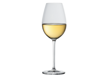 ultra-modern crystal wine glass with a long stem and angular bowl, filled halfway with vibrant golden white wine, sharp rim lighting on a high-key white background. concept for luxury beverage