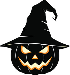 Halloween Pumpkin with Witch Hat Evil Face Vector