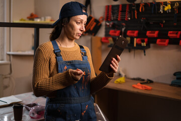 Woman repairman, craftsman or mechanic wearing overalls search for material, deal and discount on web using digital tablet in garage workshop