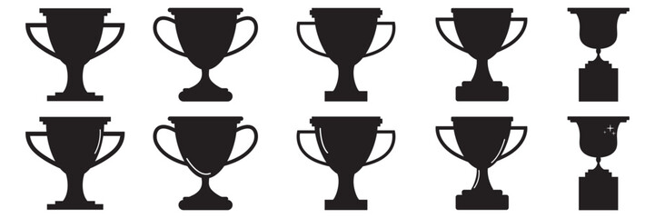 Big set of witter cups silhouette. Hand drawn winner cups isolated on white background. Vector illustration