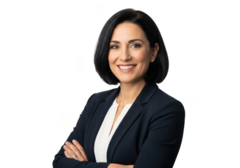 Professional businesswoman with dark hair smiling confidently with arms crossed isolated on transparent background