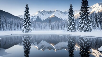 Serene winter landscape with snow covered trees and mountains reflecting on a calm lake surface in the morning