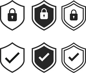 Security Shield Icon Set - Protection, Verification, and Trust Symbols. Shield with Padlock, Check Mark, and Digital Privacy Icons collection. Verified Status, Encrypted Lock, and System Protection