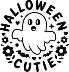 Cute ghost Halloween illustration with floral elements, spooky bats, adorable text design, black and white festive decoration, seasonal vector art print