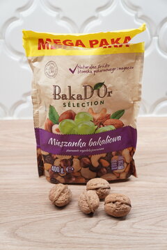 Baka Dor Selection mix of nuts and dried fruits with walnuts on a wooden table
