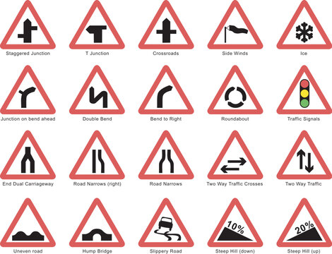 UK traffic warning signs. A collection of road signs including warnings for junctions, bends in the road, roundabouts, restrictions and other hazards.