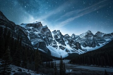 Stunning night sky over snowcovered rocky mountains and forest